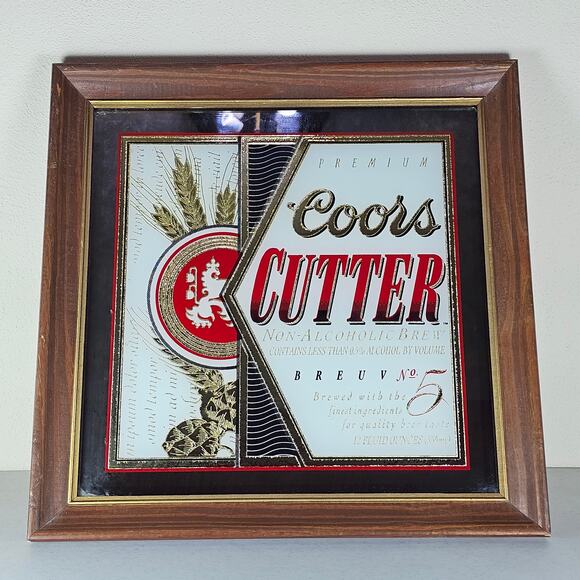 Vintage 1991 Coors Cutter Non-Alcoholic Beer Mirrored Bar Sign Wood Framed 15" - Picture 1 of 2